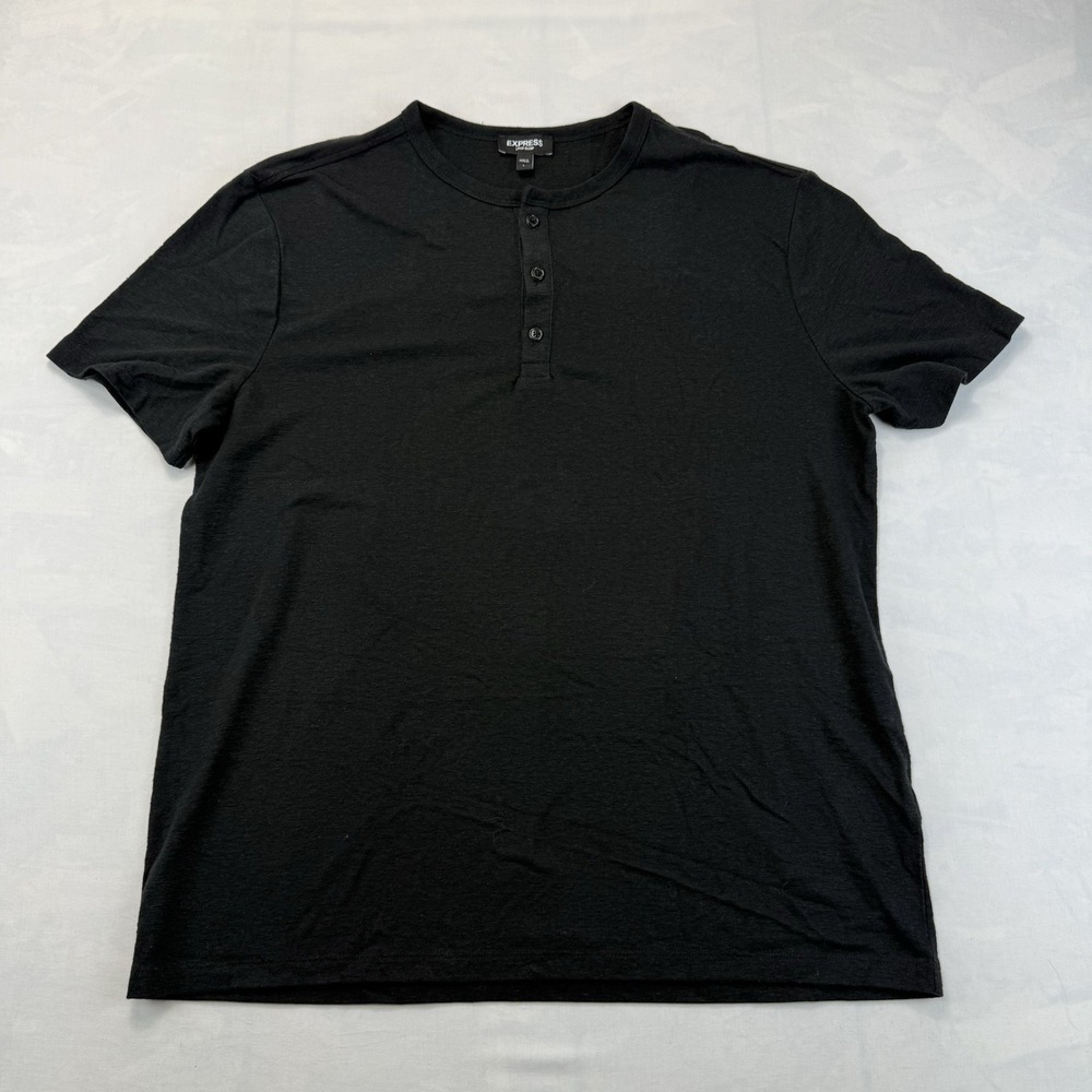 Express Henley Shirt Mens Large Black Linen Blend Regular Fit Short Sleeve Tee